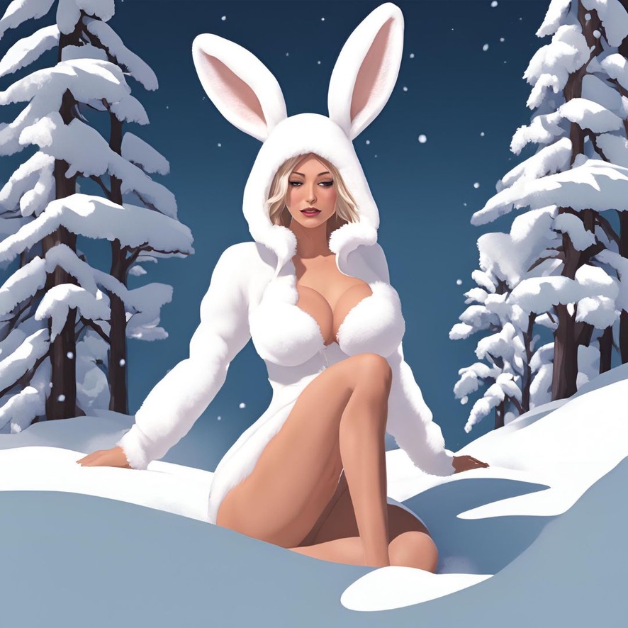 SNW BNY mascot in a white bunny-ear hood, surrounded by snowy pine trees